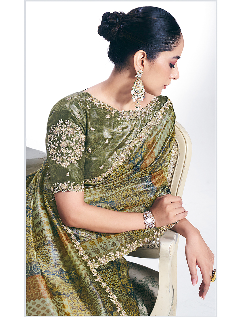 Buy Paper Silk Green Party Wear Embroidery Work Saree Online From ...