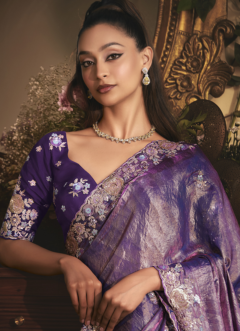 Buy Tissue Organza Royal Purple Wedding Wear Sequin Work Saree