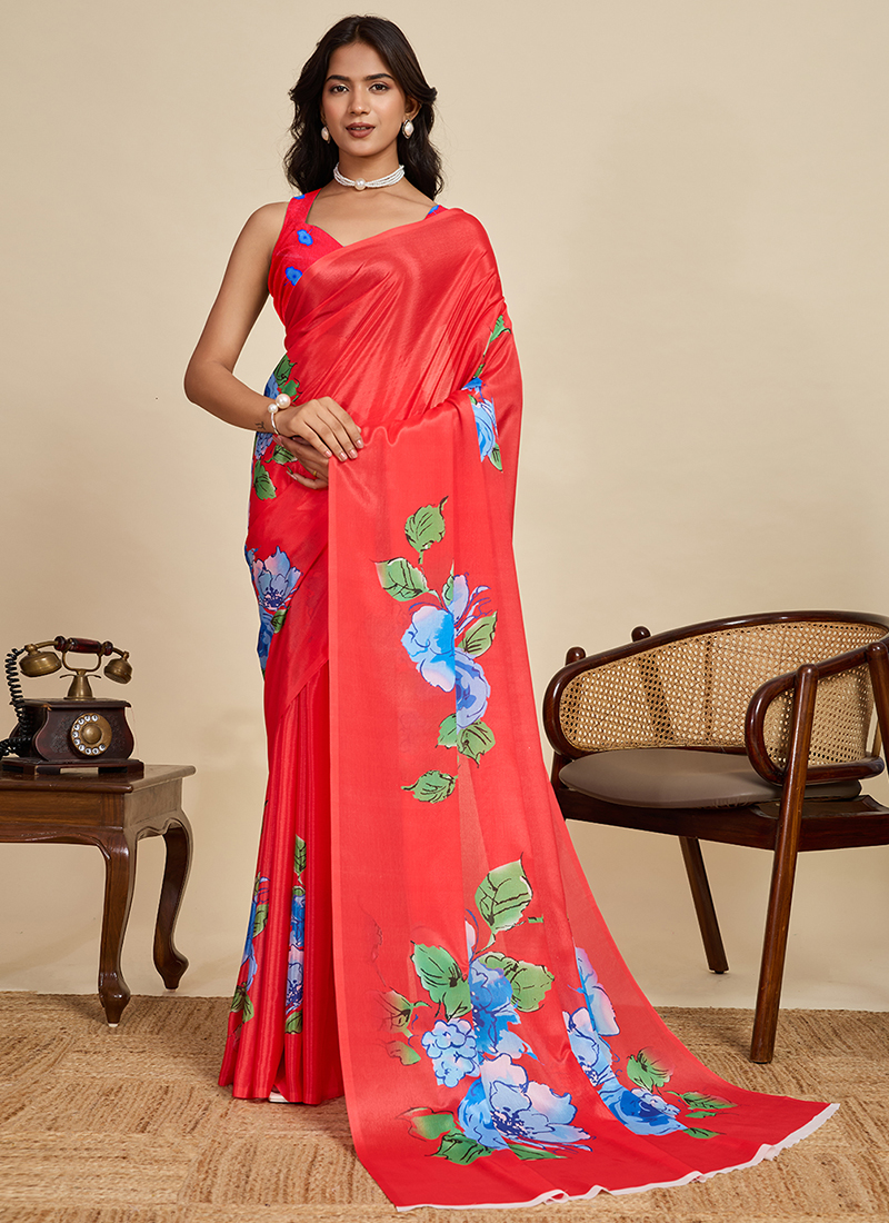 Coral Embroidered Chinon Saree With Unstitched Blouse Piece