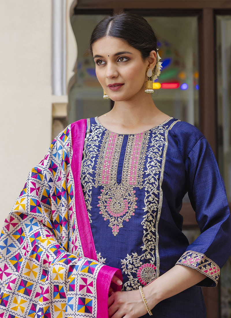 Beautiful Mirror Work Blue Silk Festive Salwar Suit