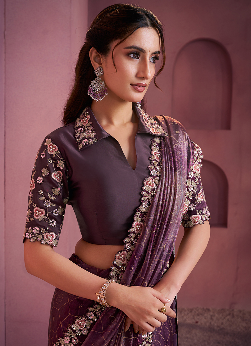 Wine Soft Silk Woven Flower Designer Stylish Partywear Saree main image 1