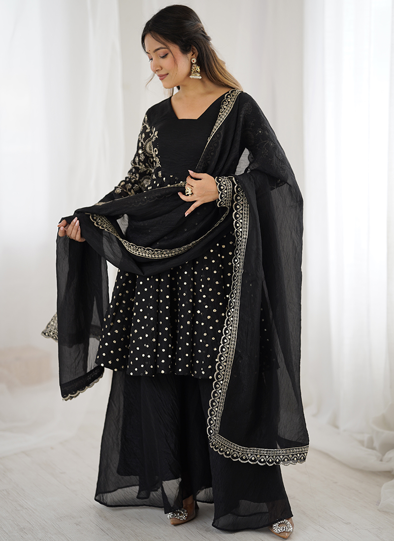 Premium Jequrd Top, Crunchy Silk Plazzo & Dupatta – Thread & Sequins Embroidery Work