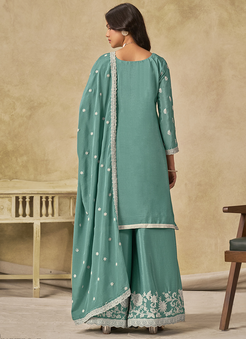 Beautific Blue Premium Chinnon Silk Wedding Palazzo Suit