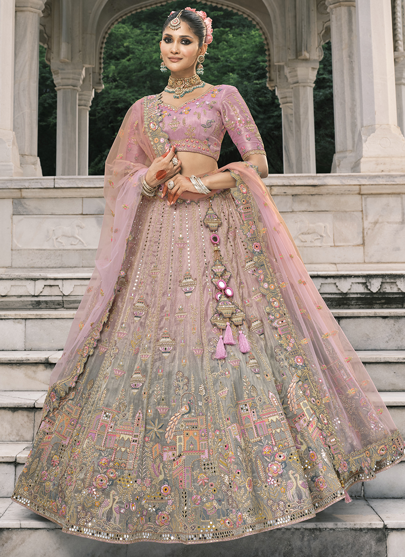 Buy Silk Pink Wedding Wear Emroidery Work Lehenga Choli Online From ...