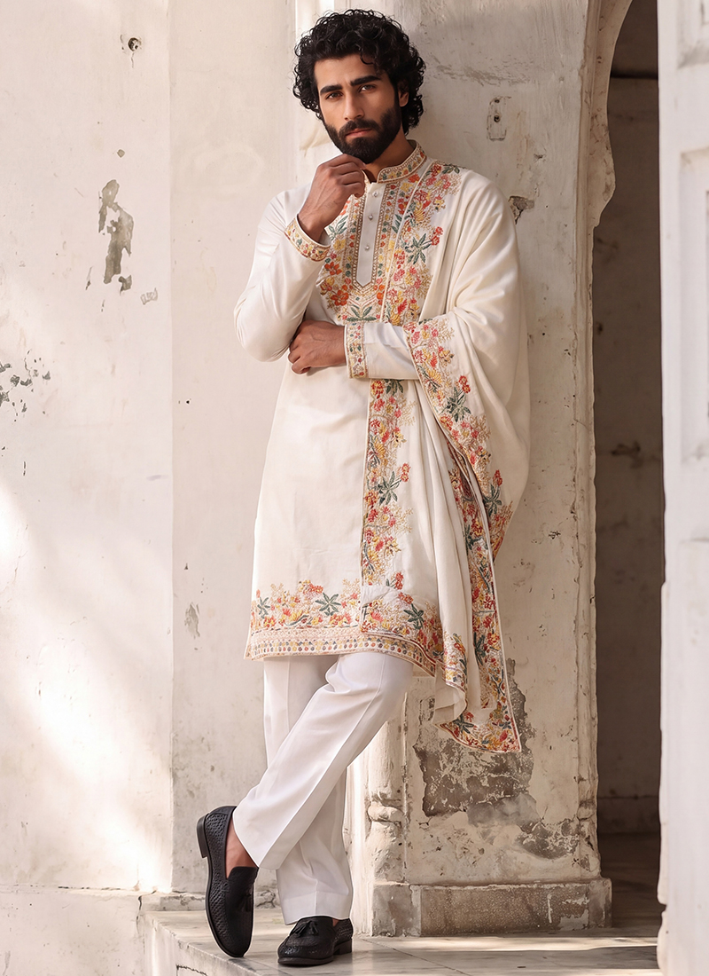 Buy Silk White Festival Wear Embroidery Work Readymade Kurta Pajama ...