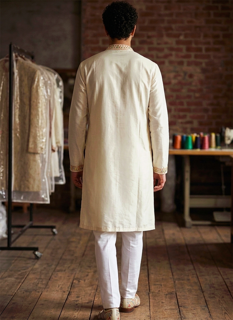 Buy Silk White Festival Wear Embroidery Work Readymade Kurta Pajama ...