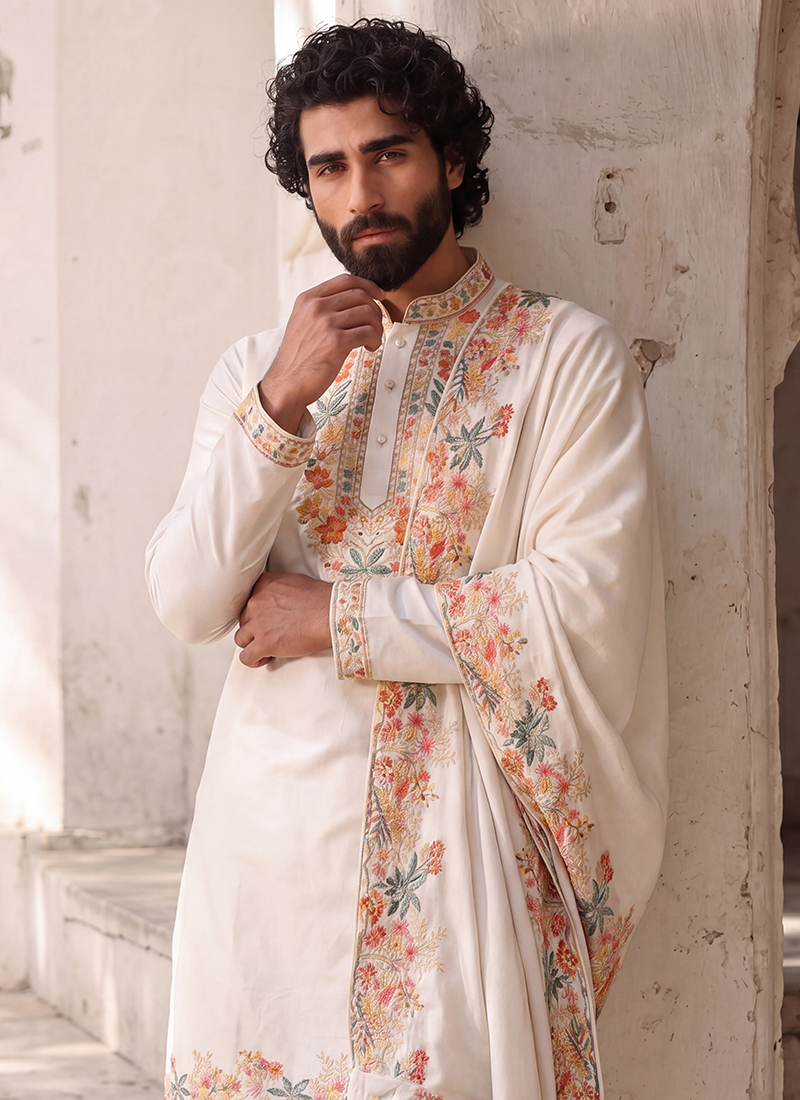 Buy Silk White Festival Wear Embroidery Work Readymade Kurta Pajama ...