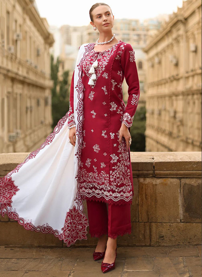 red pakistani casual dresses Lawn Cotton Wear Suit 6 Pieces Catalog Catalog BOTTOM It has straight Galia Lahav Millie Bobby collection:lace Pakistani designer Size:36 Regular Jacket