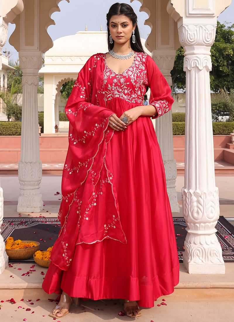 anarkali dress for festival Vivid-Burgundy Pure Rayon Solid Anarkali Gown With Dupatta For Festival  Occasion