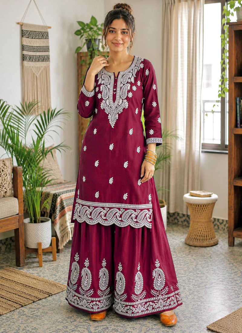 Buy Crepe Maroon Casual Wear Embroidery Work Readymade Salwar Suit ...