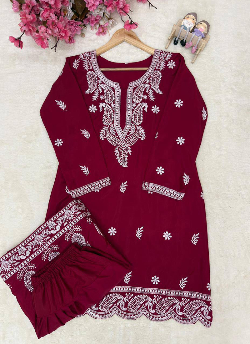 Buy Crepe Maroon Casual Wear Embroidery Work Readymade Salwar Suit ...