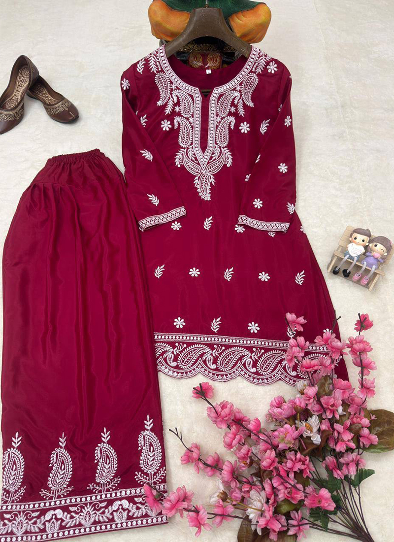 Buy Crepe Maroon Casual Wear Embroidery Work Readymade Salwar Suit ...