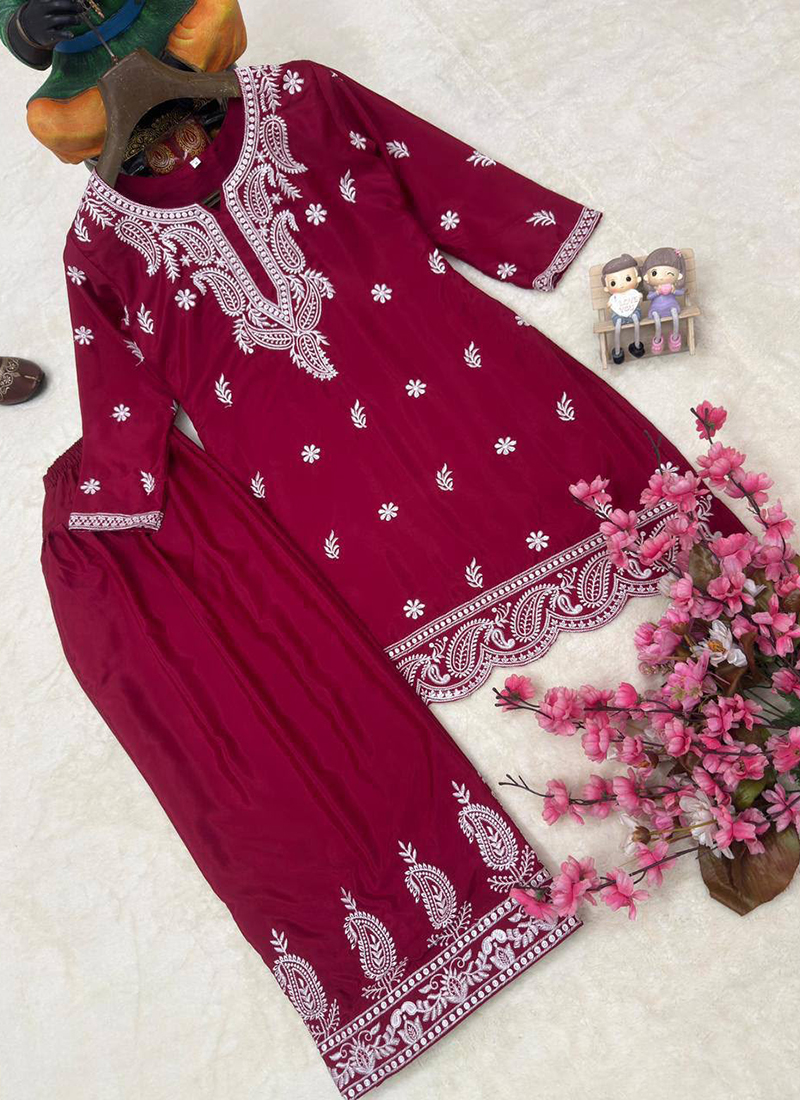 Buy Crepe Maroon Casual Wear Embroidery Work Readymade Salwar Suit ...