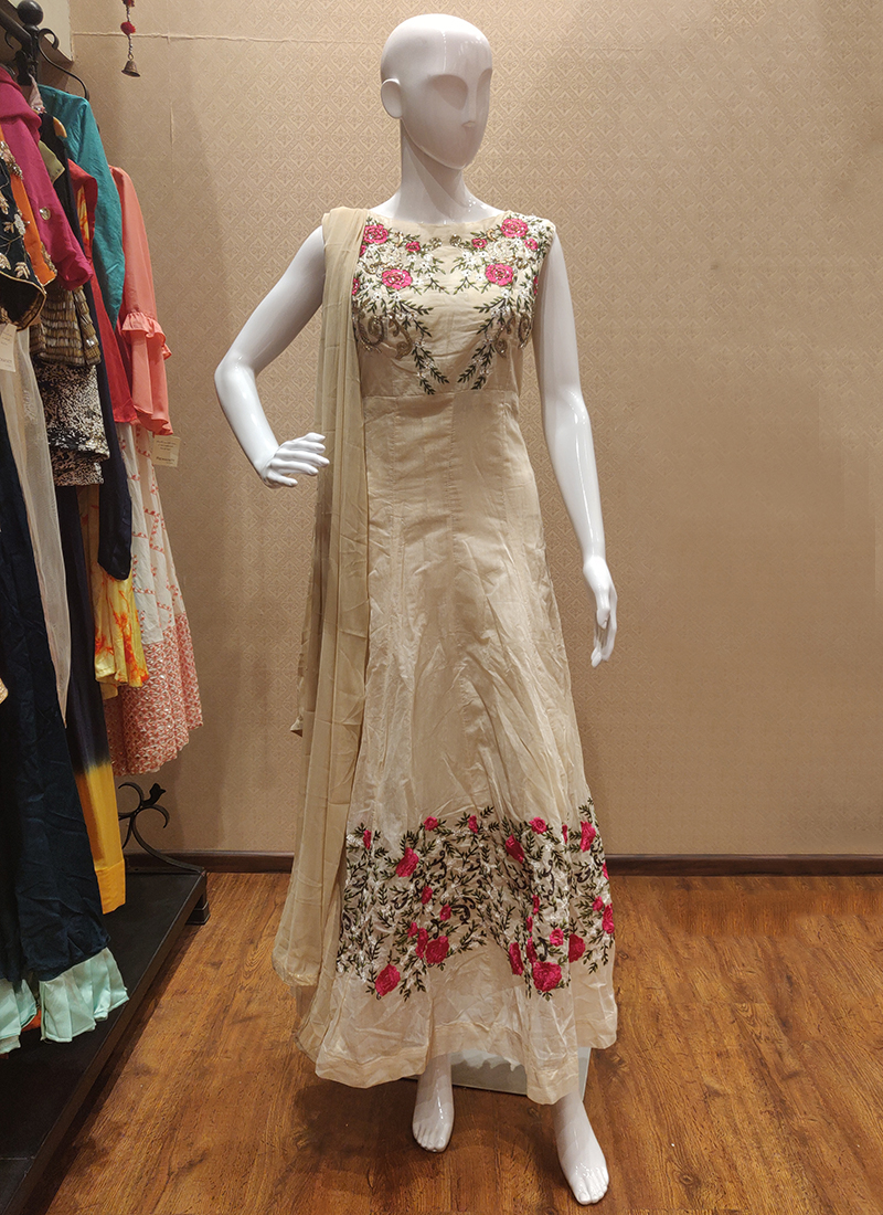 Buy Beige Silk Festival Wear Hand Work Gown Online From Wholesale Salwar.