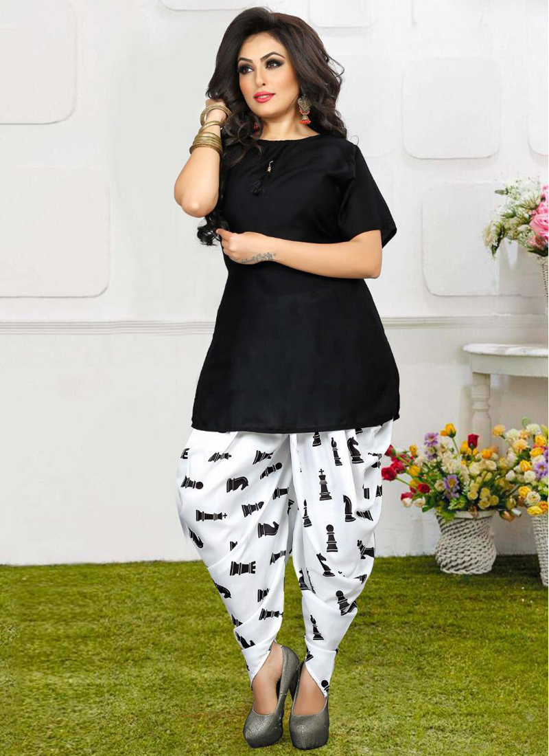Buy Black Rayon Regular Wear Printed Work Kurti With Dhoti Online ...