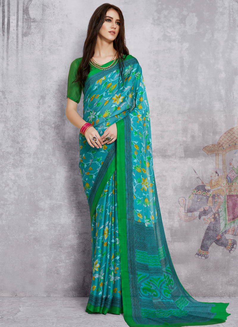 Digital Printed Crepe Silk Saree in Beige and Teal Green : SSF20595