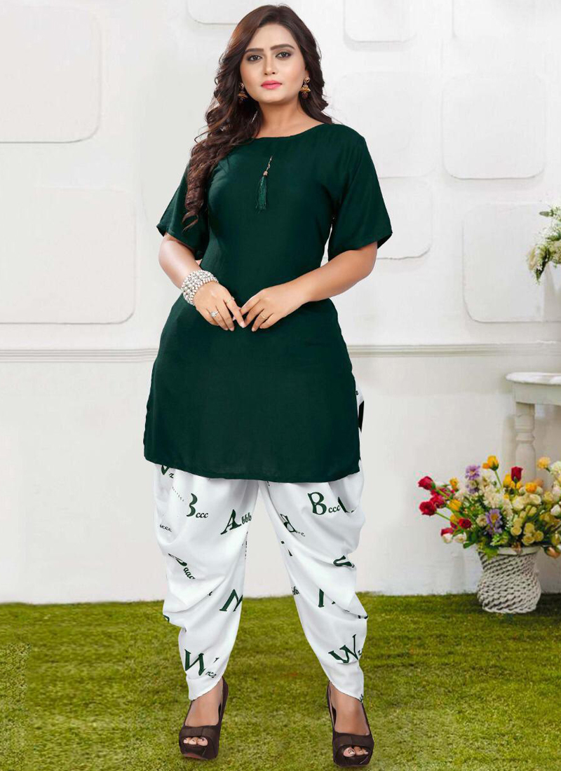 Buy Green Rayon Regular Wear Printed Work Kurti With Dhoti ...