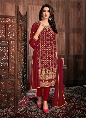 Red Georgette Party Wear Embroidery Work Churidar Suit