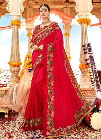 Red Silk Party Wear Embroidery Work Saree