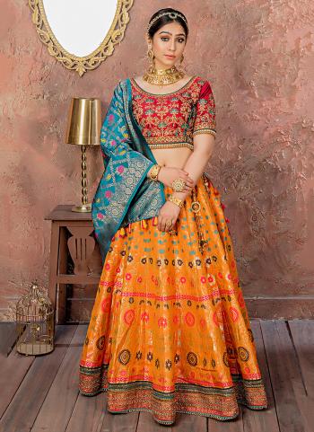 Orange Banarasi Silk Wedding Wear Resham Work Lehenga Choli