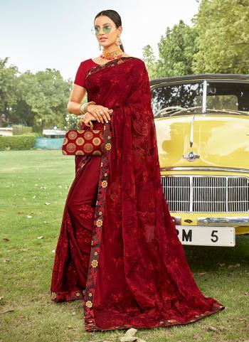 Traditional Wear Maroon Silk Embroidery Work Saree