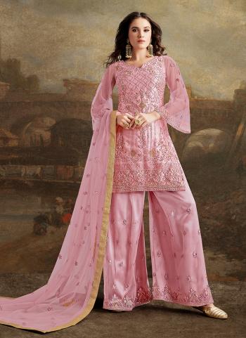 Wedding Wear Pink Net Embroidery Work Palazzo Suit