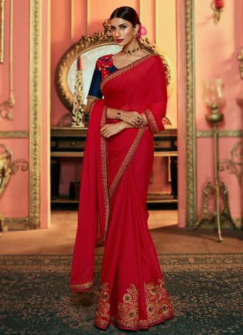 Red Silk Party Wear Embroidery Work Saree