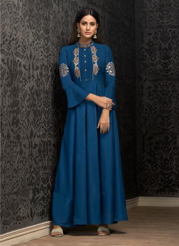Muslin Blue Embroidery Work Party Wear Gown