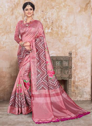 Art Silk Pink Printed Work Festival Wear Saree