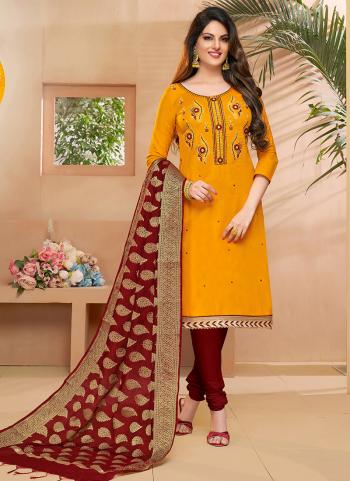 Yellow Cotton Daily Wear Embroidery Work Churidar Suit