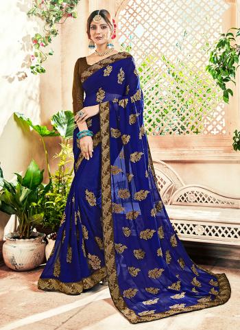 Blue Georgette Casual Wear Embroidery Work Saree