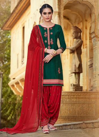 Green Satin Casual Wear Embroidery Work Patiala Suit