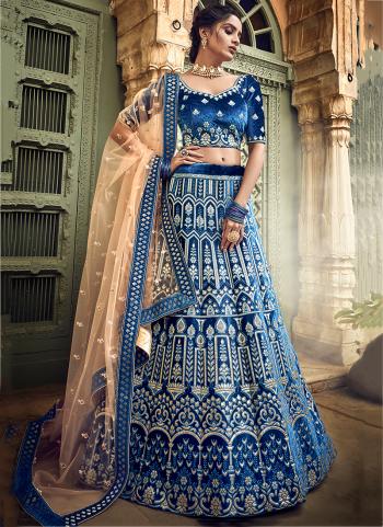 Velvet Blue Bridal Wear Thread Work Lehenga Choli