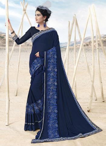 Navy Blue Lycra Party Wear Embroidery Work Saree