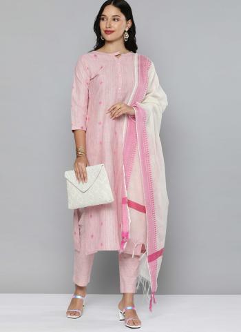 Pink Cotton Regular Wear Printed Work Straight Suit
