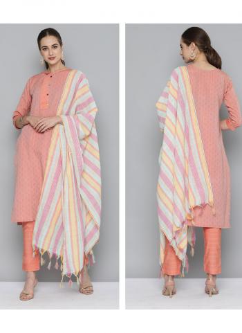 Peach Cotton Daily Wear Printed Work Straight Suit