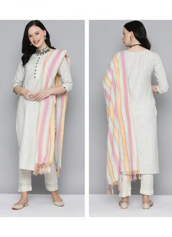 White Cotton Daily Wear Printed Work Straight Suit