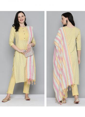 Yellow Cotton Daily Wear Printed Work Straight Suit