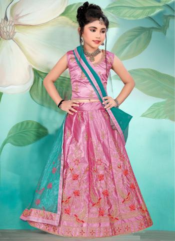 Pink Silk Traditional Wear Embroidery Work Kids Lehenga Choli