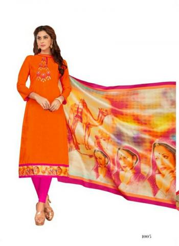 Orange Cotton Slub Daily Wear Embroidery Work Churidar Suit