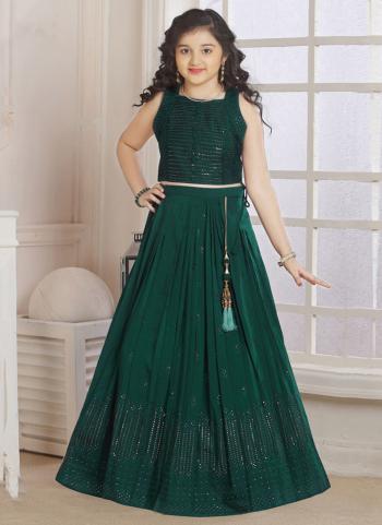 Green Pure Georgette Wedding Wear Sequins Work Kids Lehenga Choli