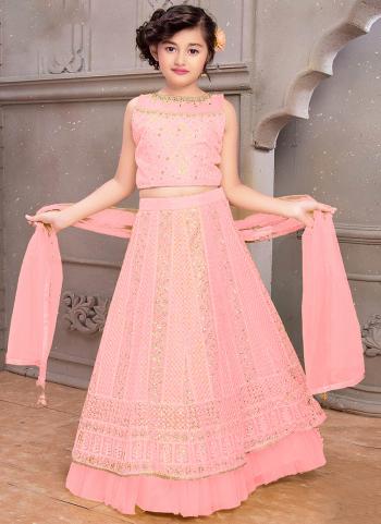 Pink Net Party Wear Lucknowi Work Kids Lehenga Choli