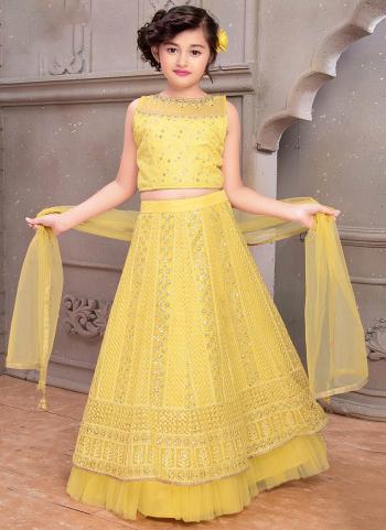 Yellow Net Party Wear Lucknowi Work Kids Lehenga Choli
