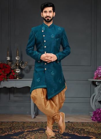 Peacock Blue Heavy Imported Silk Wedding Wear Weaving Nawabi Indo Western