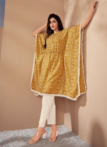 Yellow Cotton Casual Wear Printed Work Kaftan