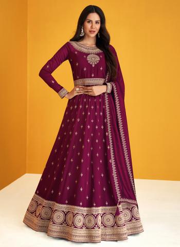Purple Silk Reception Wear Embroidery Work Anarkali Suit