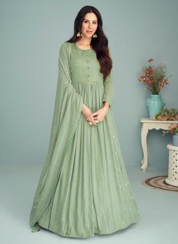 Pista Green Georgette Wedding Wear Embroidery Work Anarkali Suit