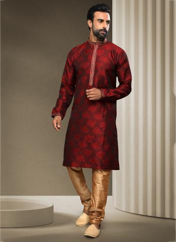Maroon Brocade Silk Traditional Wear Jacquard Kurta Pajama