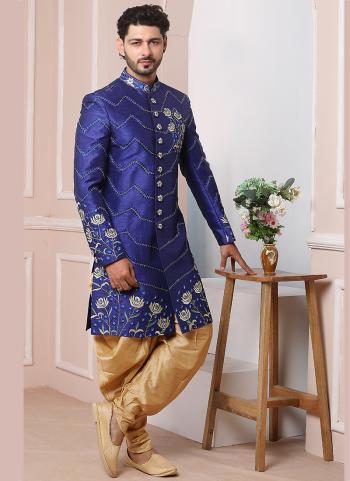 Blue Art Banarasi Silk Wedding Wear Embroidery Work Peshawari Sherwani