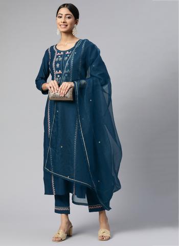 Blue Cotton Blend Festival Wear Zari Work Readymade Salwar Suit